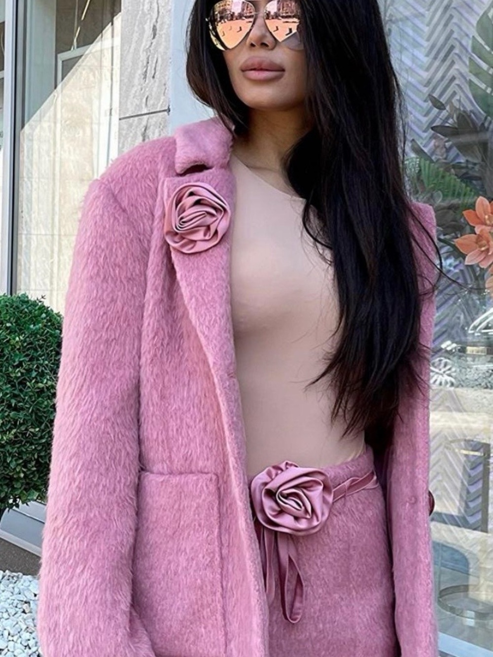 For Love And Lemons blush pink mohair blend blazer featuring floral appliqué
